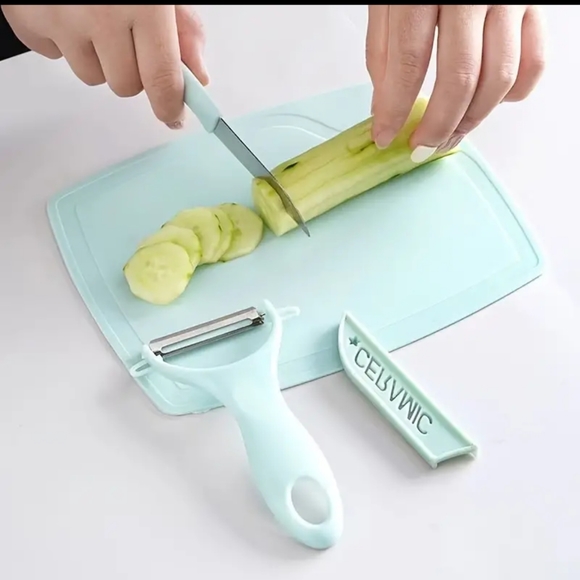 3pcs Kitchen Fruit Knife Set With Cutting Board, Peeler & Paring Knife new blue - Picture 5 of 15